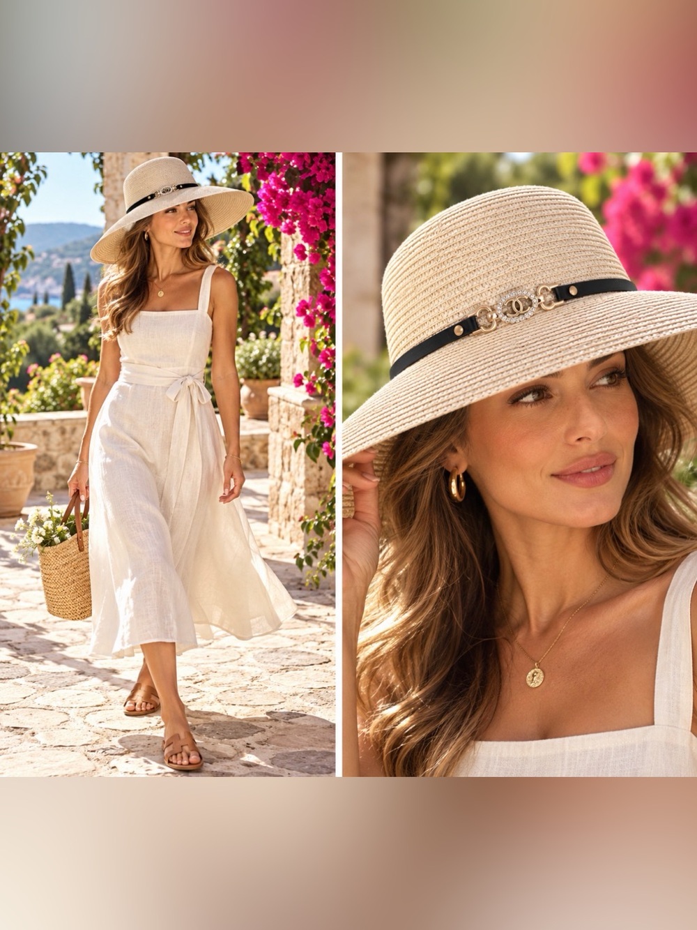 Women's Cream Straw Sun Hat with BlackLeather Band and Gold Designer Accent